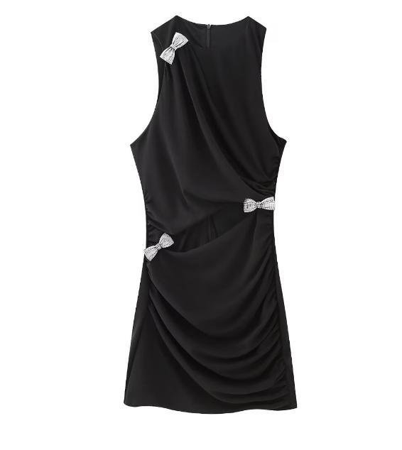 洋裝 歐美時尚新款春季珠寶蝴蝶結飾開口設計連身裙T5-397