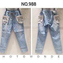 $尋寶小舖$23正韓 YANU JEANS n.988春夏新品 鬆緊腰頭雙英文大口袋丹寧牛仔休閒褲/特價