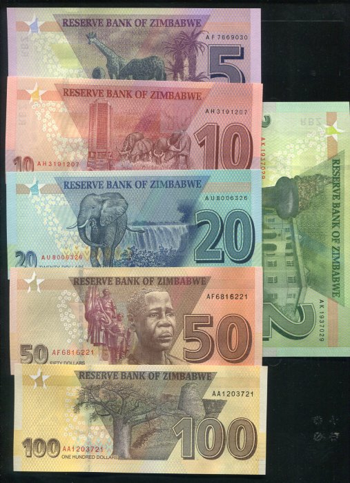 【套鈔】Zimbabwe 辛巴威新版紙鈔一套6枚，(2019-20) $2-$100  ， 品相全新UNC