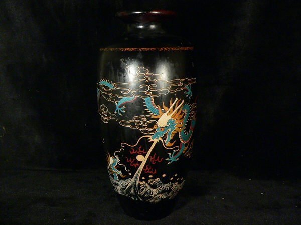 乖乖@賣場~日本漆器觀音瓶~木胎漆器雙龍戲珠瓶~老件年代不詳