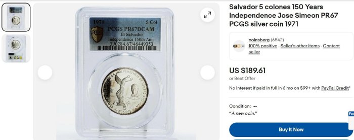 評級幣 薩爾瓦多 1971年 獨立 150週年 5科隆 銀幣 鑑定幣 PCGS PR66DCAM