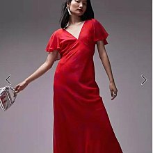 (嫻嫻屋) 英國ASOS-Topshop 紅色V領飄曳袖露美背長裙洋裝禮服AE24