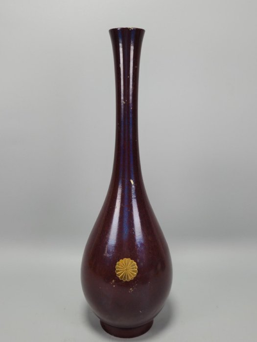 日本高崗銅花瓶 銅花器 插花瓶子 大漆工藝精湛鑲嵌菊花標，昭