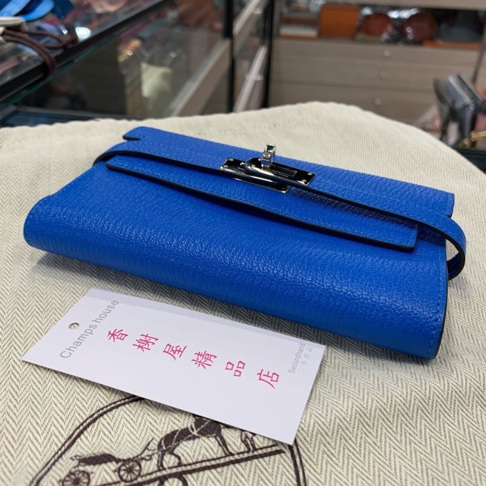 ** 香榭屋精品店 ** HERMES Kelly A刻 愛馬仕藍色牛皮銀釦凱莉中夾 皮夾 (XB8066)