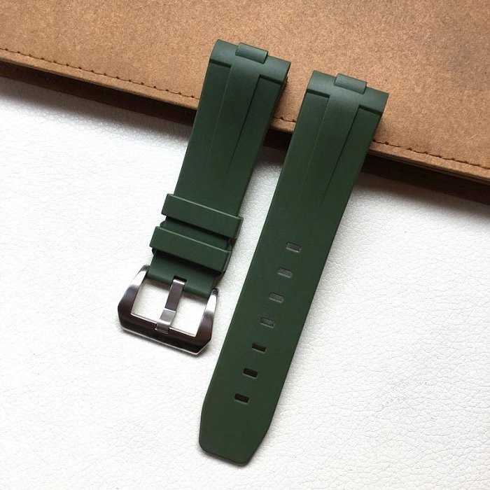 好品質弧形接口柔軟氟橡膠手錶帶代用沛納海PAM441/111/359腕帶墨綠24mm