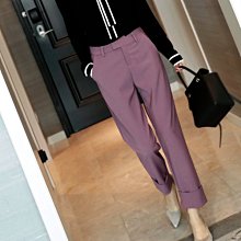 歐美 新款 OL通勤 褲腳翻邊 不易皺好打理 女の霧紫色中高腰小直筒西裝褲 (E868)