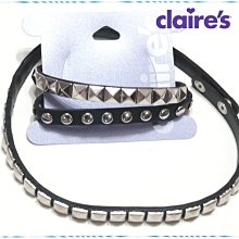 ☆POLLY媽☆歐美claire's choker necklace銀色圓型金字塔型鉚釘黑色皮質頸鍊/手環二用