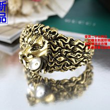 ☆優買二手精品名牌店☆ GUCCI 金獅 獅子 獅頭 LION 實心 黃銅 珍珠 招財 霸氣 發財 手環 手鐲 全新II