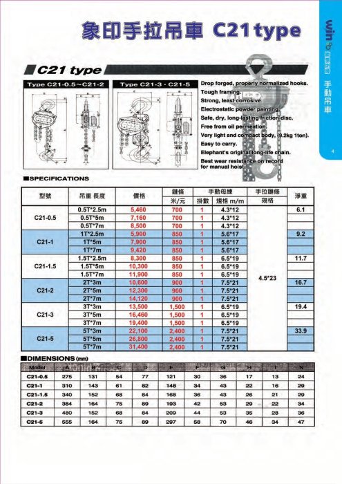 WIN 五金 3.0T*7.0M 日本象牌 手拉吊車 手動吊車 鏈猴 起重 電動吊車 捲揚機