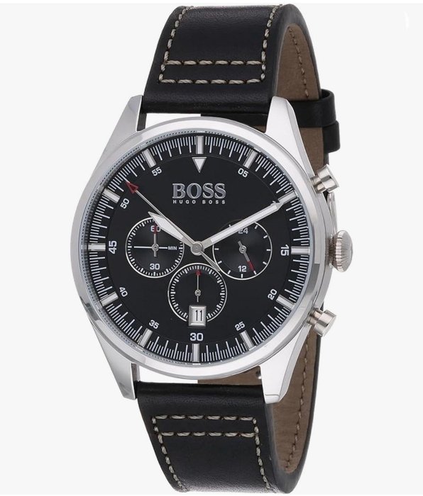 HUGO BOSS Pioneer 黑色面錶盤 黑色皮革錶帶 石英 三眼計時 男士手錶 1513708