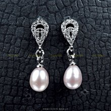 珍珠林~水滴晶鑽天然淡水珍珠針式耳環-紫粉珍珠#568a+1
