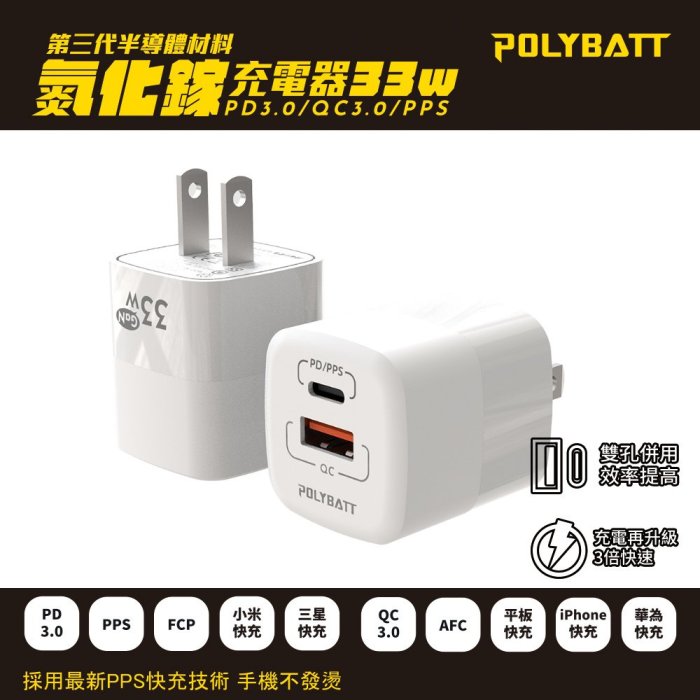 POLYBATT GaN氮化鎵33W 雙孔PD+QC 手機平板筆電快速充電器(白色) 輕巧體積 通過台灣BSMI認證