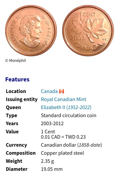 加拿大 CANADA   2006年   伊莉沙白世   1分   銅幣   2263