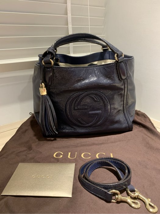 二手 GUCCI SOHO  漆皮深藍流蘇斜背 手提 肩背 3用包