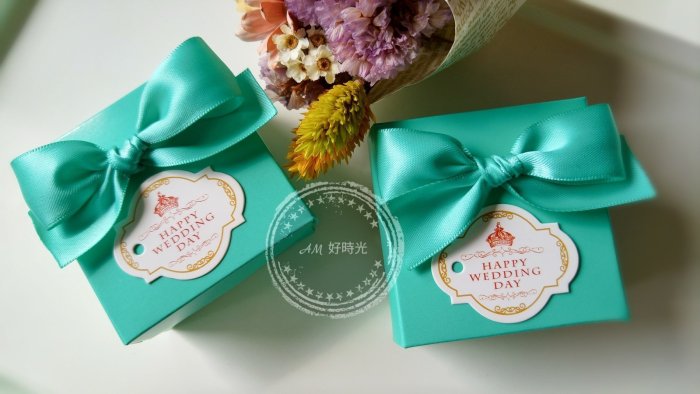 AM好時光【D06】Tiffany 經典湖水藍緞帶喜糖盒❤100組1400元 婚禮小物 送客禮回禮謝禮 包裝盒 棉花囍糖