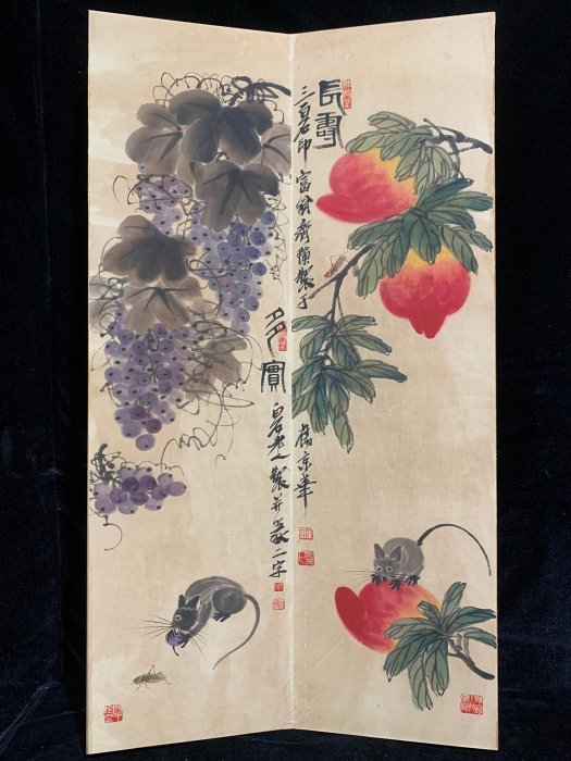 高仿名人名家精品冊頁屏風《齊白石 玩鼠小趣》屏：130 尺寸：全長201cm，本長89.5*25240 古玩雜項【古鎮街坊】