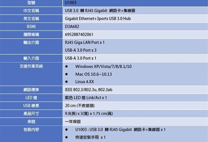 TOTOLINK USB3.0轉Giga網路卡+集線器