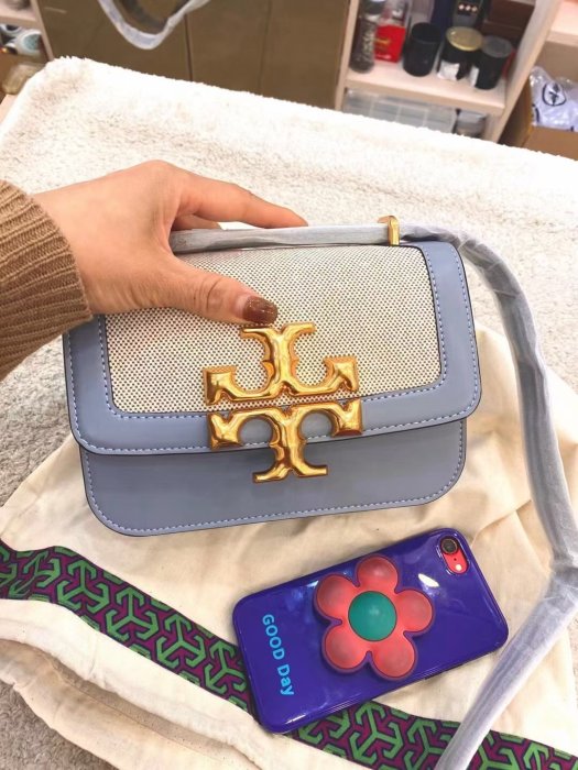 ╭☆包媽子店☆TORY BURCH Eleanor Shoulder Bag  帆布拼接款小號~走秀款