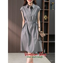 歐美 新款 優雅大氣 簡約設計 寬鬆遮肉 綁帶收腰 高級灰襯衫領一分袖娃娃洋裝 (K1429)