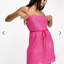 (嫻嫻屋) 英國ASOS-粉紅色亮片抹胸平口領繫帶洋裝禮服EE23