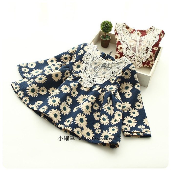 小確幸衣童館OM228 韓版時尚藍色蕾絲領口太陽花連身裙衫娃娃衫長袖鋪棉