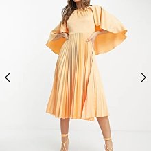 (嫻嫻屋) 英國ASOS-Closet 知性高雅名媛橘色鍛面圓領飄曳袖百褶中長裙洋裝 EB23