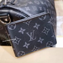 二手旗艦 LOUIS VUITTON LV 黑灰色 字紋 5卡 交叉 對開 短夾(中友店)