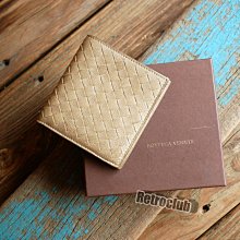 週日結標 Retro CLUB【一元起標】【二手】義大利時尚品牌 BOTTEGA VENETA BV 沙色 羊皮革 編織 對折短夾 義大利製 E24133