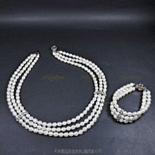 珍珠林~三串式米粒白珍珠項鏈~純正天然淡水珍珠~還可加購手鍊喔!#006