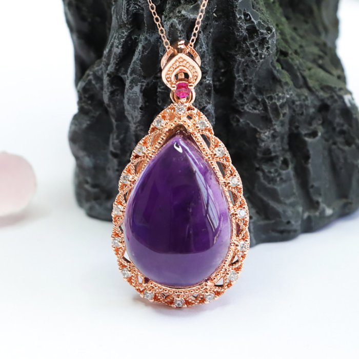 天然烏拉圭紫水晶水滴吊墜鏤空款豪鑲挂件珠寶項鍊