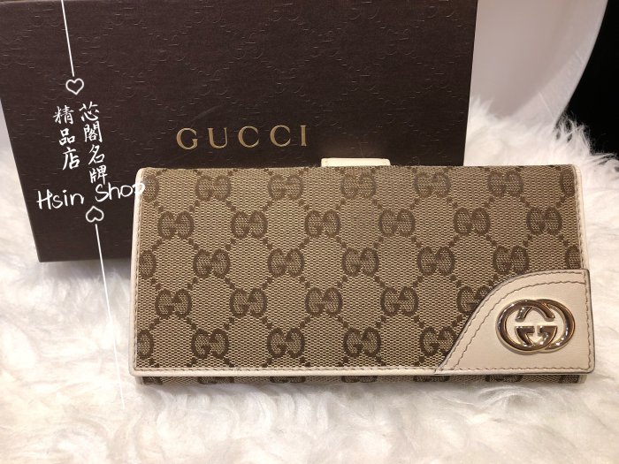 ※芯閣名牌精品店※ GUCCI 181593 白色皮革邊 咖啡色 GG Logo 對摺長夾 8成新