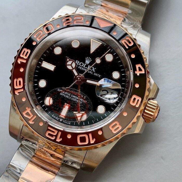 直購#勞力士 Rolex 男士金色機械手錶玫瑰格林尼治系列黑盤倆地時功能男錶 精鋼材質保證不掉色 送禮