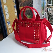 美麗堡outlet精品 PRADA BN2439帆布手提包 crystal水晶寶石鑲嵌手提/斜背二用 (小-紅)【現貨】