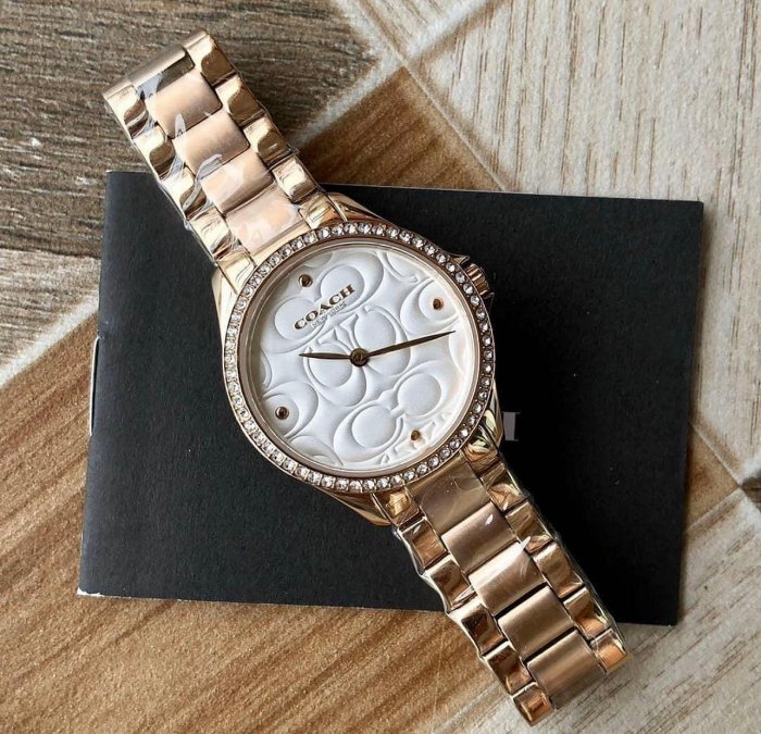 COACH Modern Sport 水鑽圈 C字浮雕白色錶盤 玫瑰金色不鏽鋼錶帶 石英 女士手錶 14503072