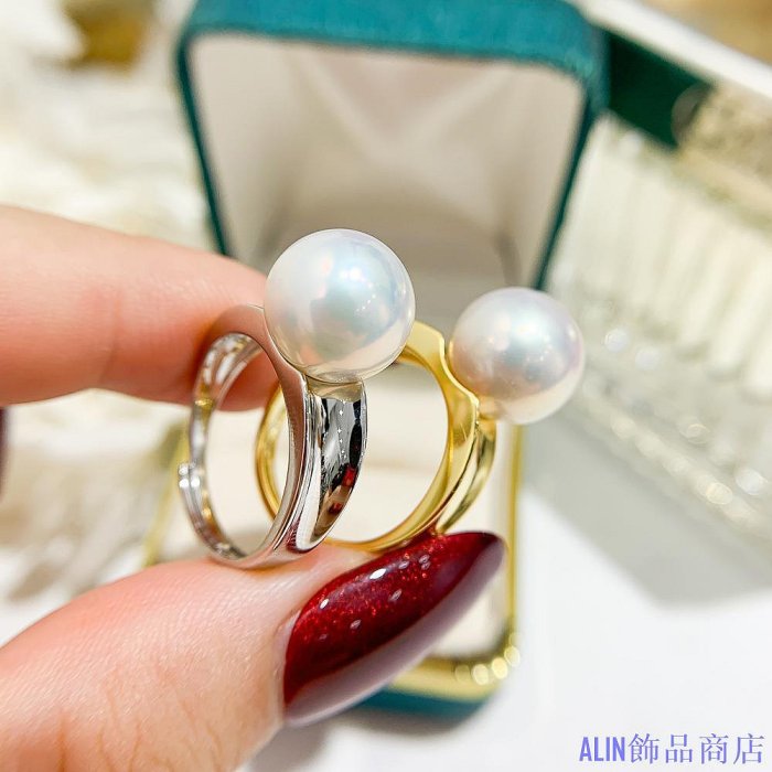 ALIN飾品商店可調節 S925 銀戒指圓形淡水珍珠戒指