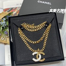 《真愛名牌精品》CHANEL AB8353 雙C白陶瓷 搭配 金色菱格紋  寬版項鍊 *全新*