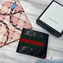 《真愛名牌精品》GUCCI 459140  黑色壓紋皮革  綠紅綠  交叉短夾 *全新*代購