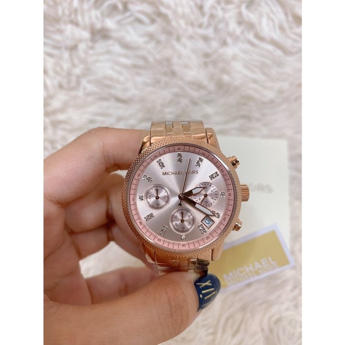 MICHAEL KORS 女錶 MK手錶 晶燦亮麗玫瑰金點綴三眼腕錶 MK6077 三眼日曆石英腕錶