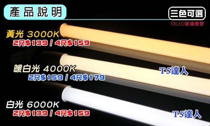 T5達人  T8 LED玻璃燈管 4尺20W 全電壓全週光 白光黃光 台灣2835晶片高流明另有10W旭光