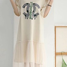 正韓  寬鬆5分袖字母棉質短袖拼接紗長洋裝 連身裙 牛奶黃 黑 粉/KR1516 Cicigo韓國服飾