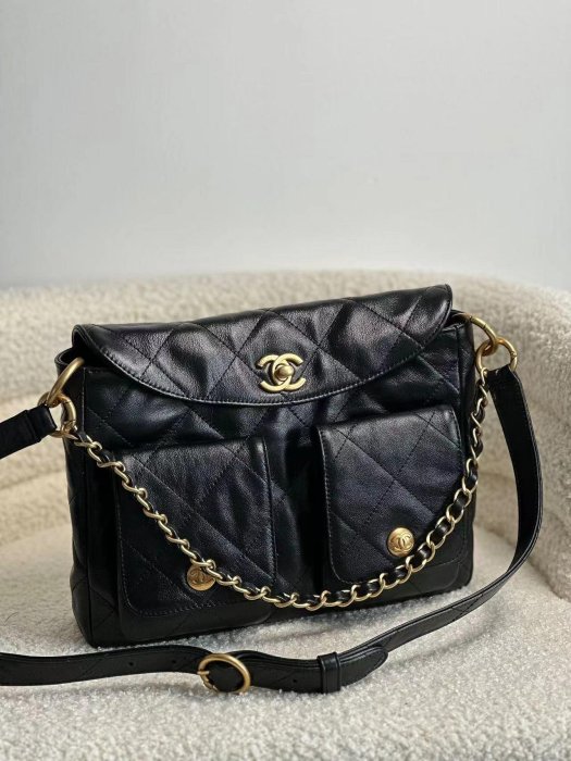 二手 Chanel 香奈兒 24P HOBO 黑色金扣小號郵差包