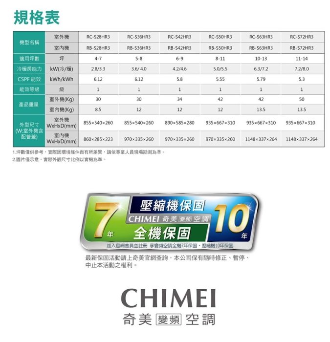 鑫冠鑫↘CHIMEI奇美 星曜變頻系列 RC-S28HR5/RB-S28HR5 2.8kw/冷暖/變頻1級/分離式冷氣