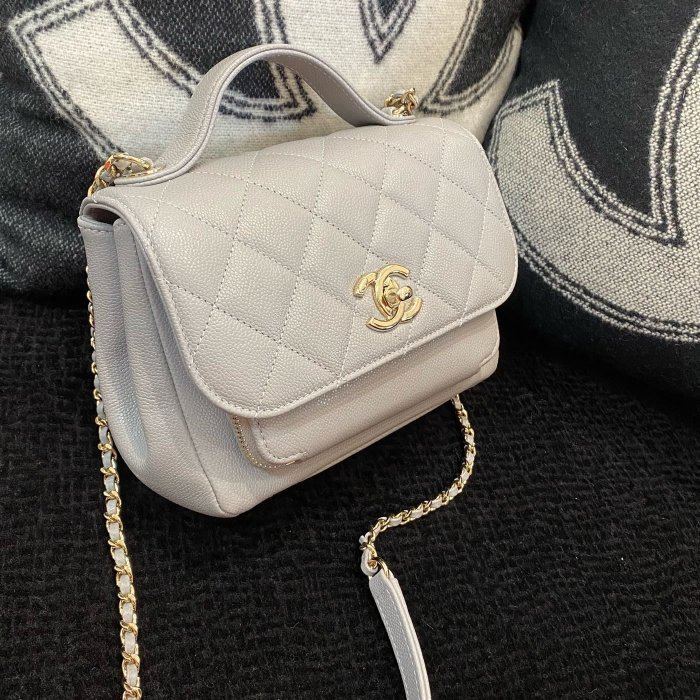 【翰貝格名牌館】全新真品 CHANEL 灰色 荔枝皮 翻蓋 淡金鍊 拉鍊 小型 郵差包 A93749