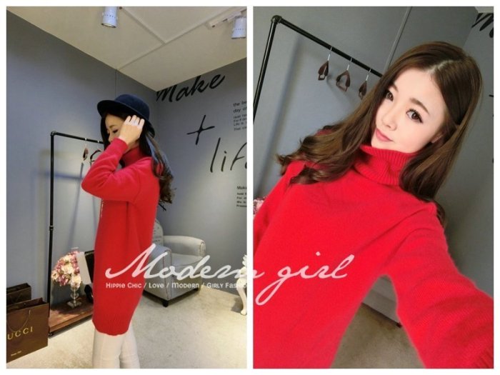 Modem Girl♥韓國 自留 保暖高質感 羊毛高領長版毛衣洋裝 BM1601