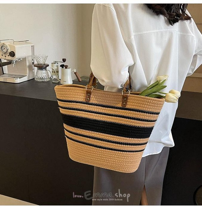 EmmaShop艾購物-韓國同步上新-韓妞必備款-木把編織條紋托特包/大容量/野餐包