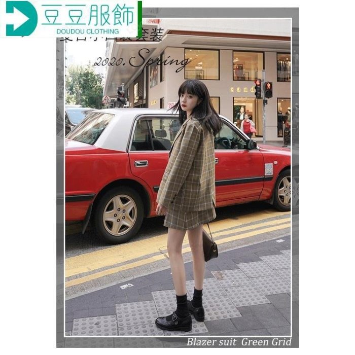 高CP值 格子西裝外套女2020年秋冬新款韓版復古英倫風小西服百褶裙兩件套 西外~豆豆服飾