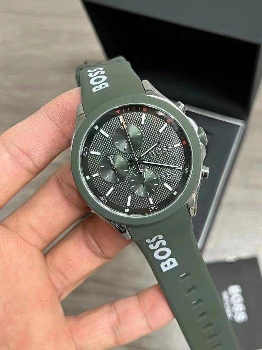 HUGO BOSS Velocity 綠色錶盤 綠色矽膠錶帶 石英 三眼計時 男士手錶 1514060