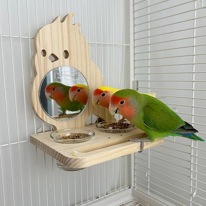 小鳥鏡子鸚鵡食盒鳥喂食器原木風干飯站臺玩具站架鳥籠用品