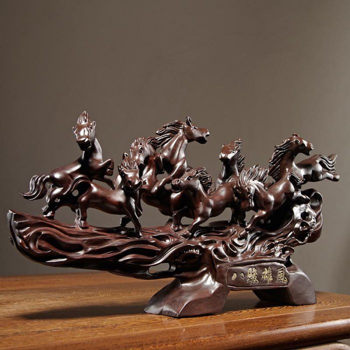三友社 黑檀木雕八駿雄風擺件紅木雕刻工藝品家居裝飾八匹駿馬商務送禮xf