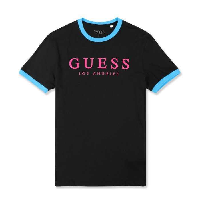 【GUESS】GUESS男款短袖T恤藍領粉印字黑 F09200326-01